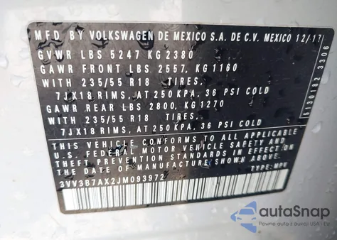 2018 Volkswagen Tiguan 2.0T Se/2.0T Sel from USA, damaged, VIN 3VV3B7AX2JM093972
